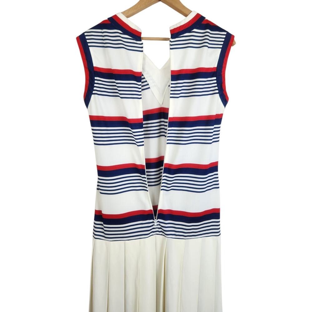 Vtg S/M Pleated Scooter Dress Tennis V-Neck Red Blue Drop Waist 60 70s Preppy - Picture 7 of 7